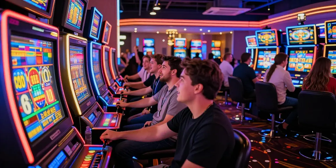 Slot gacor dalam suasana kasino yang hidup, pengunjung bermain mesin slot dengan semangat.