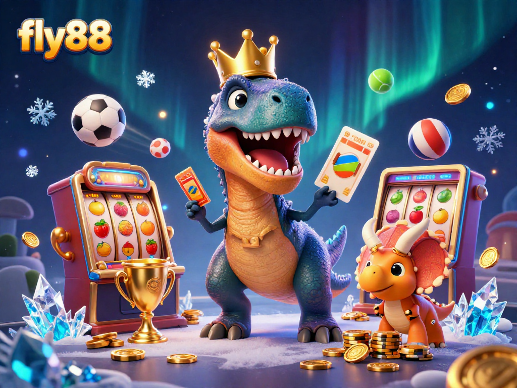 Engaging 3D scene illustrating fly88 with a T-Rex and friends managing slot reels, showcasing vibrant casino elements.