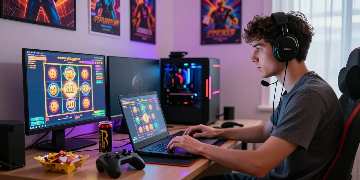 Pengalaman bermain judi online di TOTOWIN88 dengan gamer muda yang fokus bermain slot di laptop dengan dekorasi ruang yang dinamis.