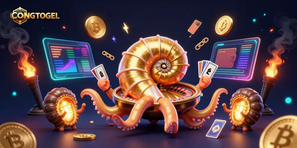 Experience the excitement of CONGTOGEL with an ancient nautilus roulette and glowing crypto coins.