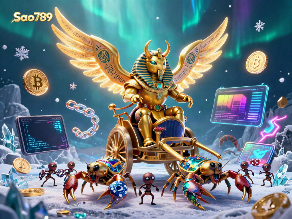 Sao789 showcases a grand 3D casino scene filled with dynamic digital elements and vibrant characters.