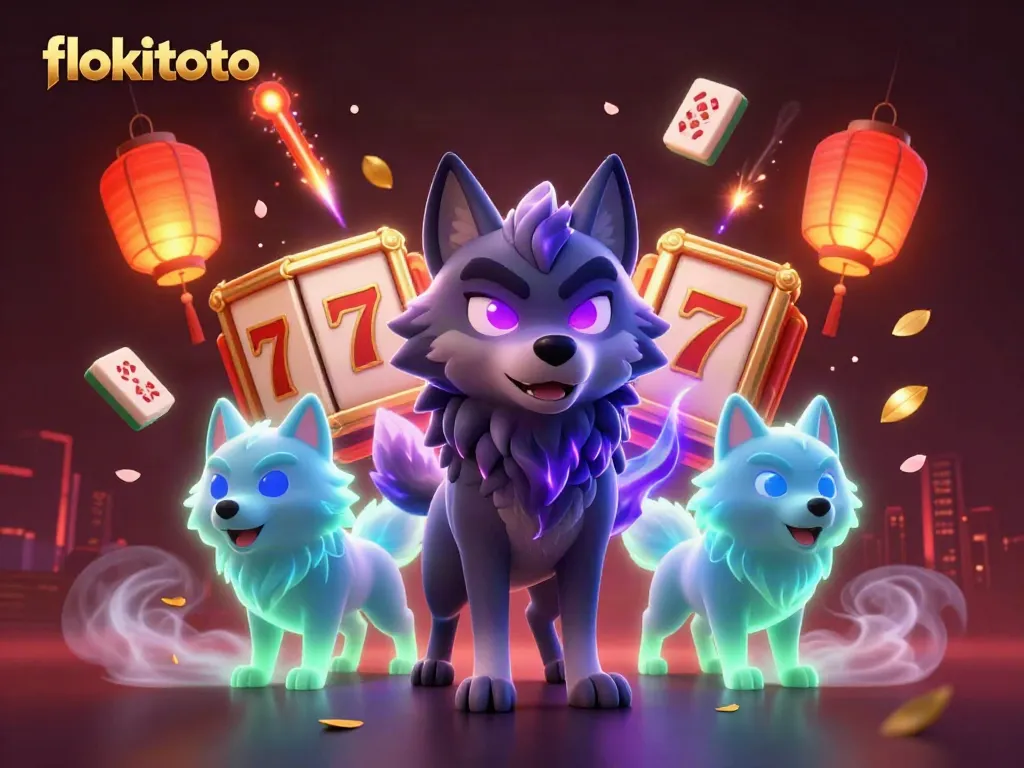 Engage with the exciting world of flokitoto, featuring a mystical wolf pack leader surrounded by vibrant slot elements in a magical casino setting.