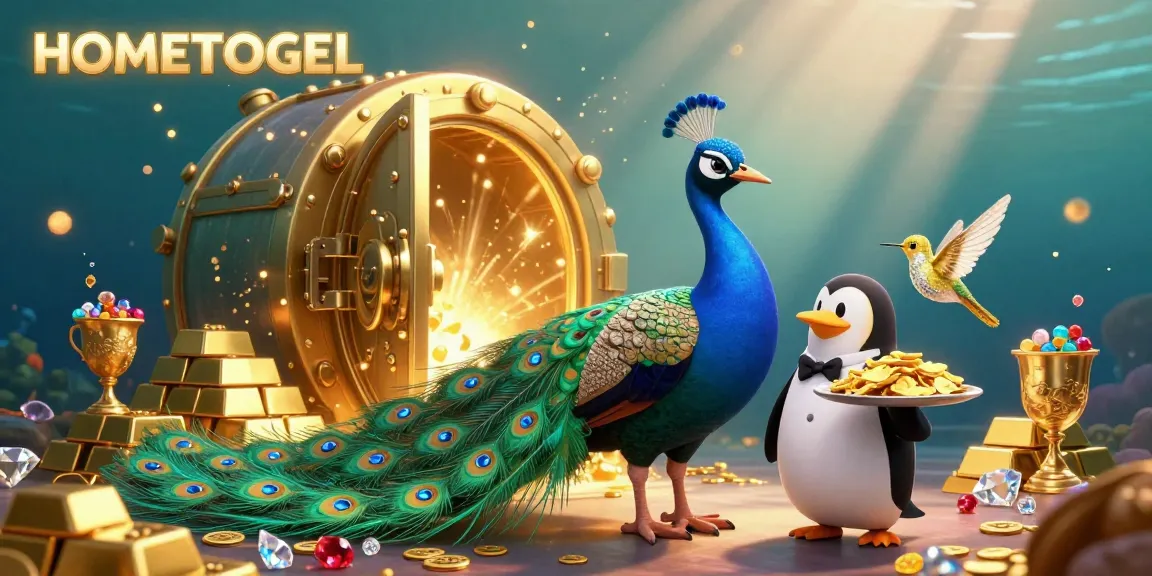 Engage with HOMETOGEL’s vibrant 3D illustration featuring a peacock, penguin, and hummingbird amidst gold treasures.