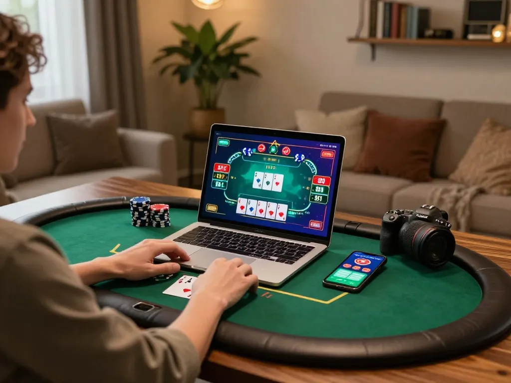 Engaging poker gameplay on 789bet laptop in cozy home setting.