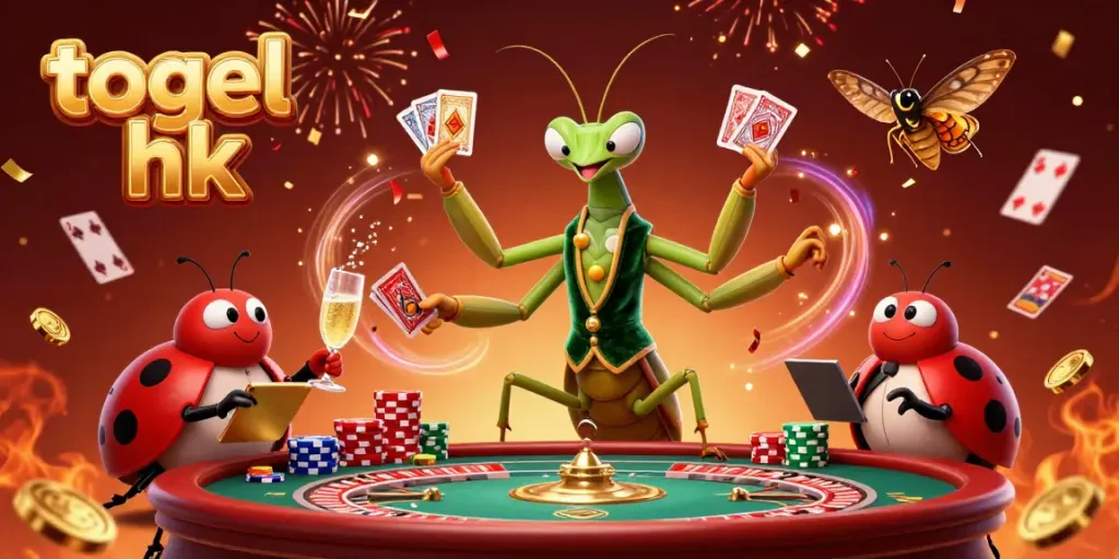 Gambar ilustrasi 3D yang menampilkan togel hk di atmosfer kasino dengan karakter kartun unik.