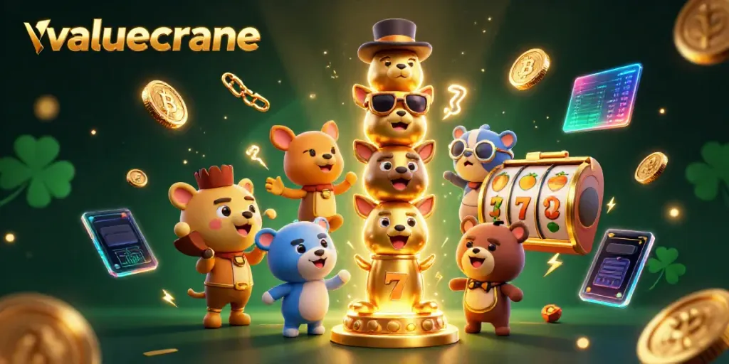 Permainan judi menarik di valuecrane dengan simbol slot beruntung dan bingkai emas.