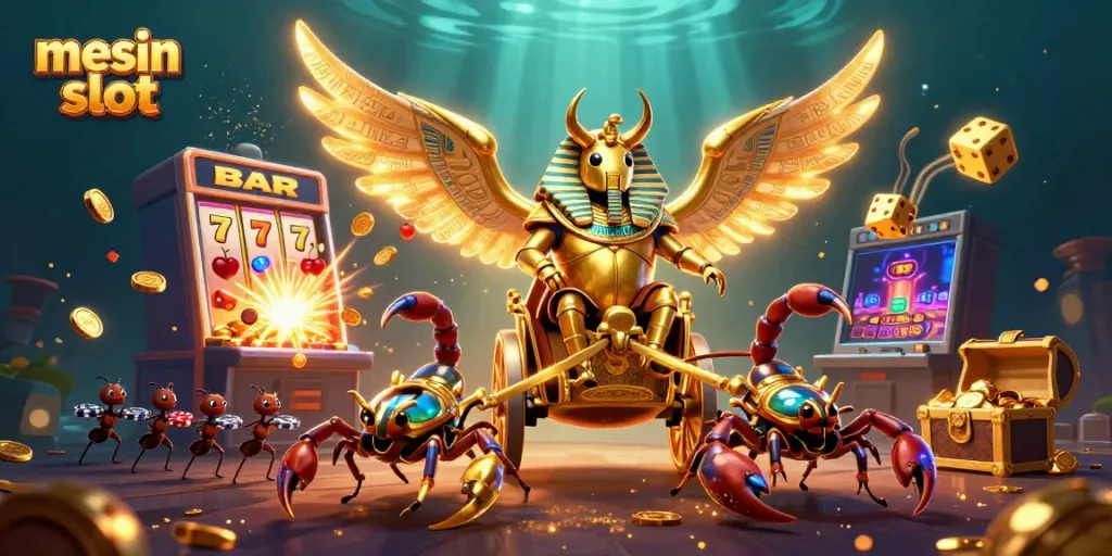 Experience the thrill of mesin slot with a vibrant illustration of an extraordinary gaming scene full of exciting elements.