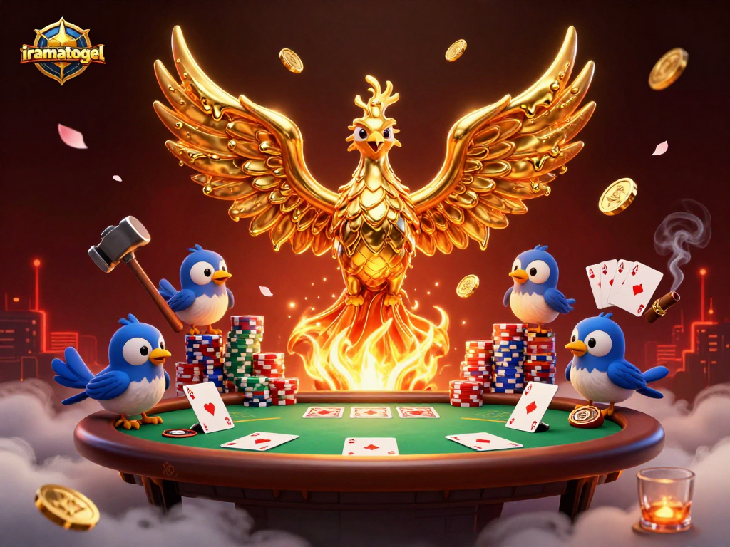 Gambarkan iramatogel dalam ilustrasi 3D kasino dengan phoenix emas mengeluarkan koin dan elemen poker.