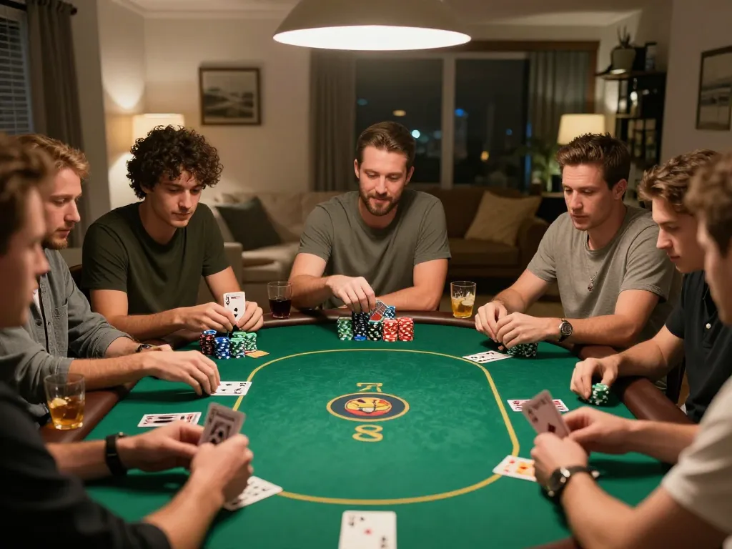 Malam poker LGO99 bersama teman-teman menunjukkan permainan yang intens di rumah, chip dan kartu berwarna-warni menjadi fokus.