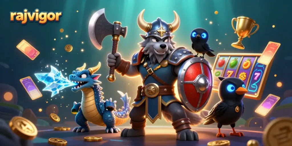 Rajavigor features a dynamic scene with a Viking wolf warrior, dragon, and raven amidst slot game elements.