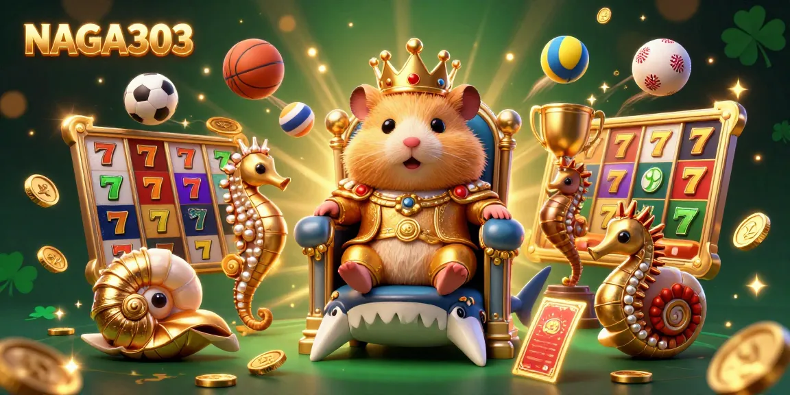 NAGA303 features an epic golden hamster king on a shark throne surrounded by jackpot slots and energetic sports elements.