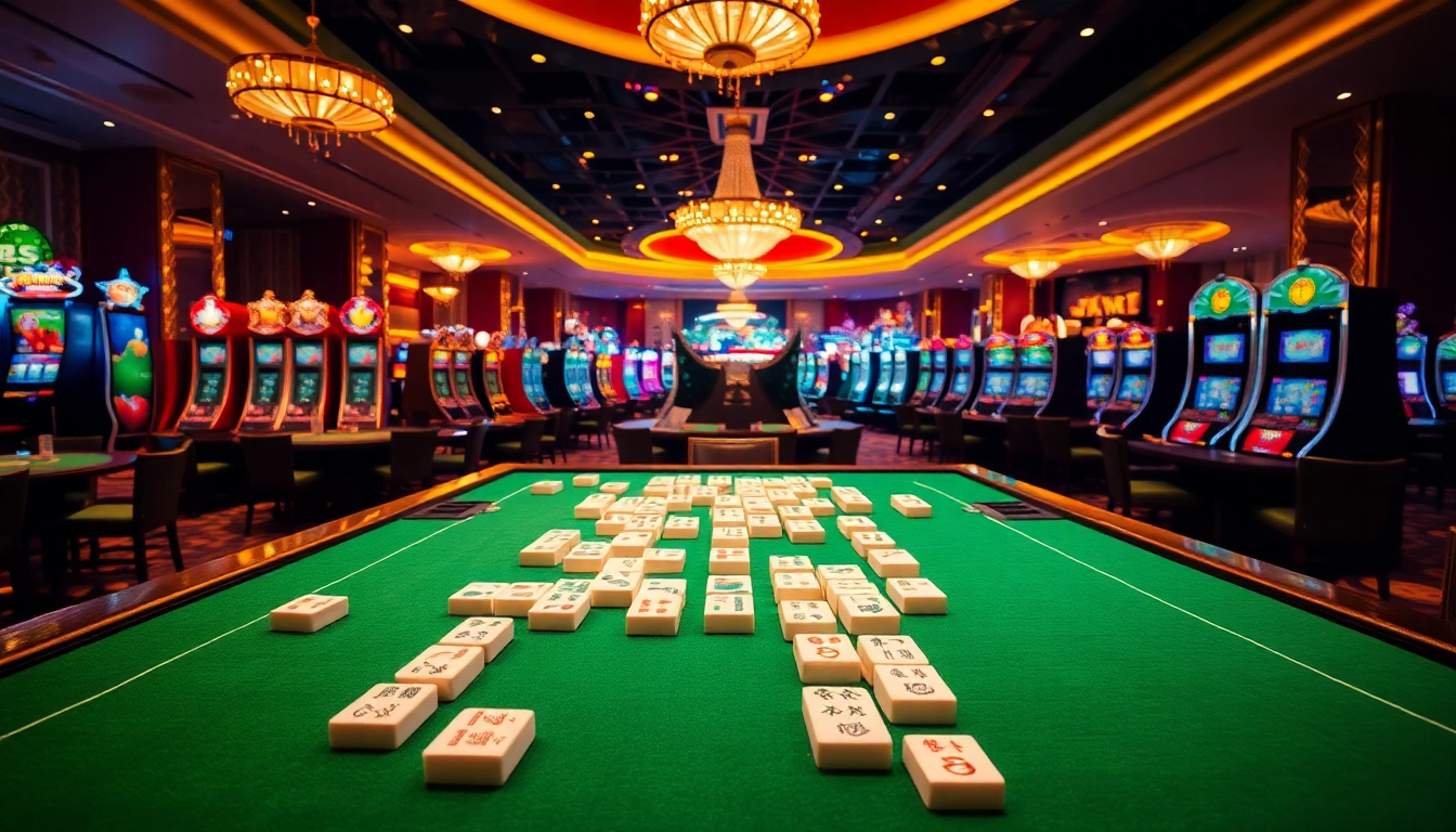 Permainan link bossmahjong yang mendebarkan di meja kasino dengan pemain fokus dan suasana mewah.