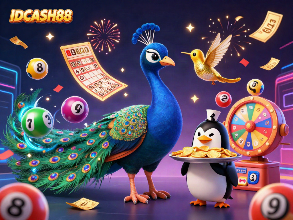 Experience winning moments with IDCASH88, showcasing vibrant lottery elements and celebratory characters.