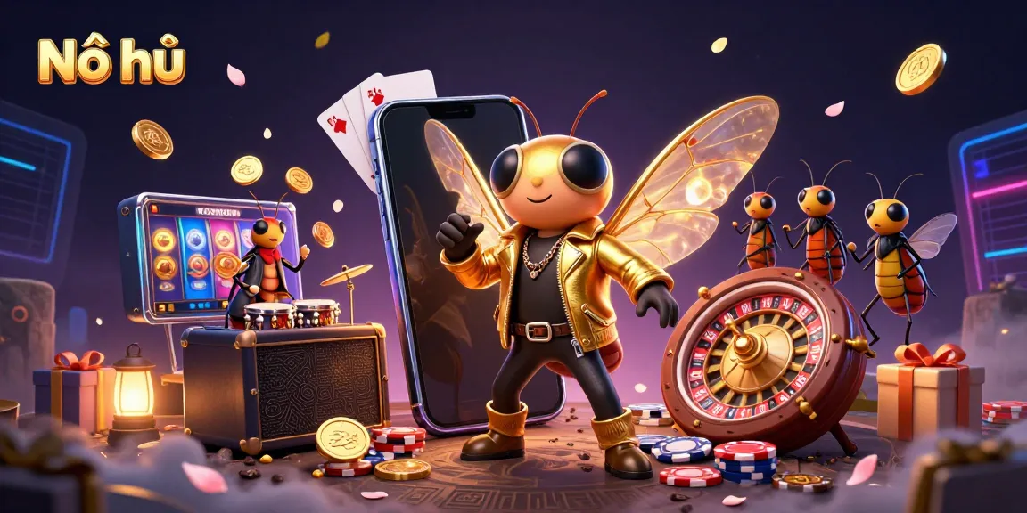 Nổ hũ slot game featuring dynamic golden coins and 3D animated characters in a festive casino scene.