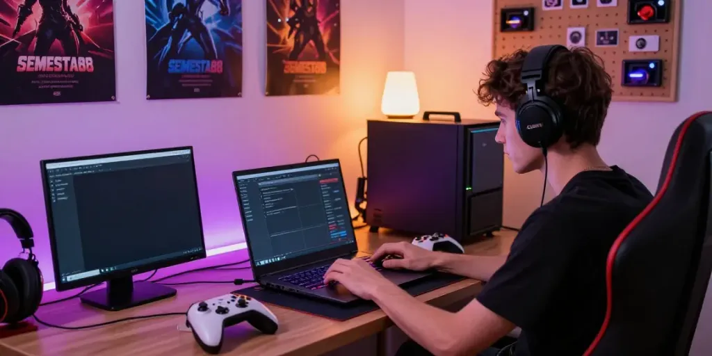 Dynamic online gaming setup showcasing SEMESTA88 on a laptop, with vibrant LED lights and gaming tools.