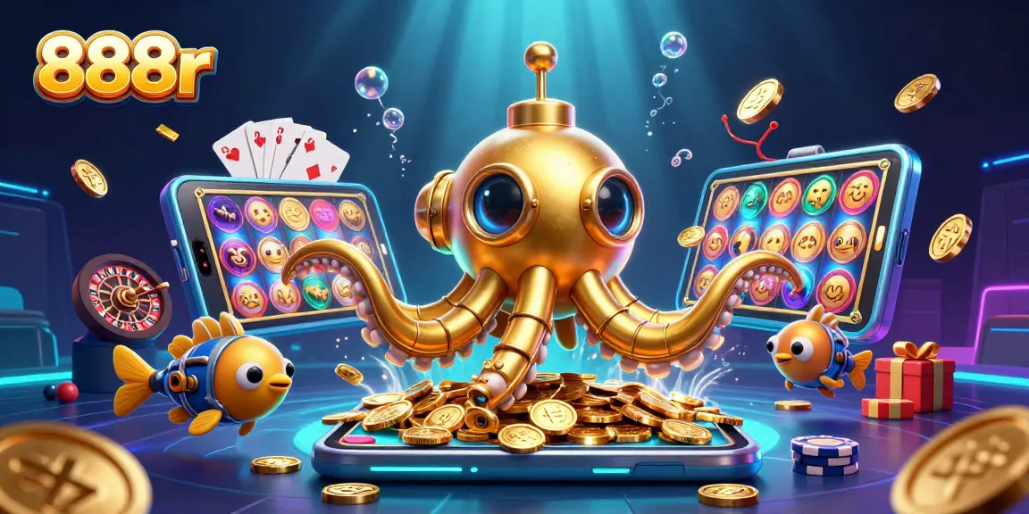Experience the thrill with 888r's captivating illustrations of a kraken submarine and vibrant gaming elements.