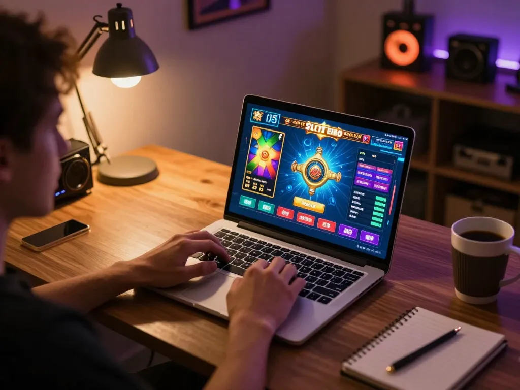 Engaging in a Slot Demo game on a laptop, showcasing colorful graphics and user-friendly interface.