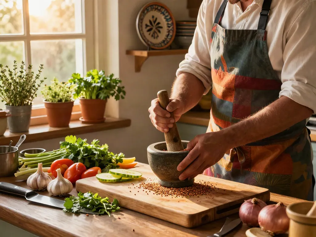 Proses memasak dengan annatto, chef menggiling biji annatto di dapur cerah