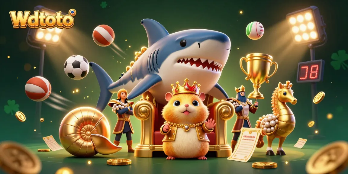 Permainan taruhan menarik di platform Wdtoto dengan karakter kartun, bola olahraga, dan elemen dinamis kasino.