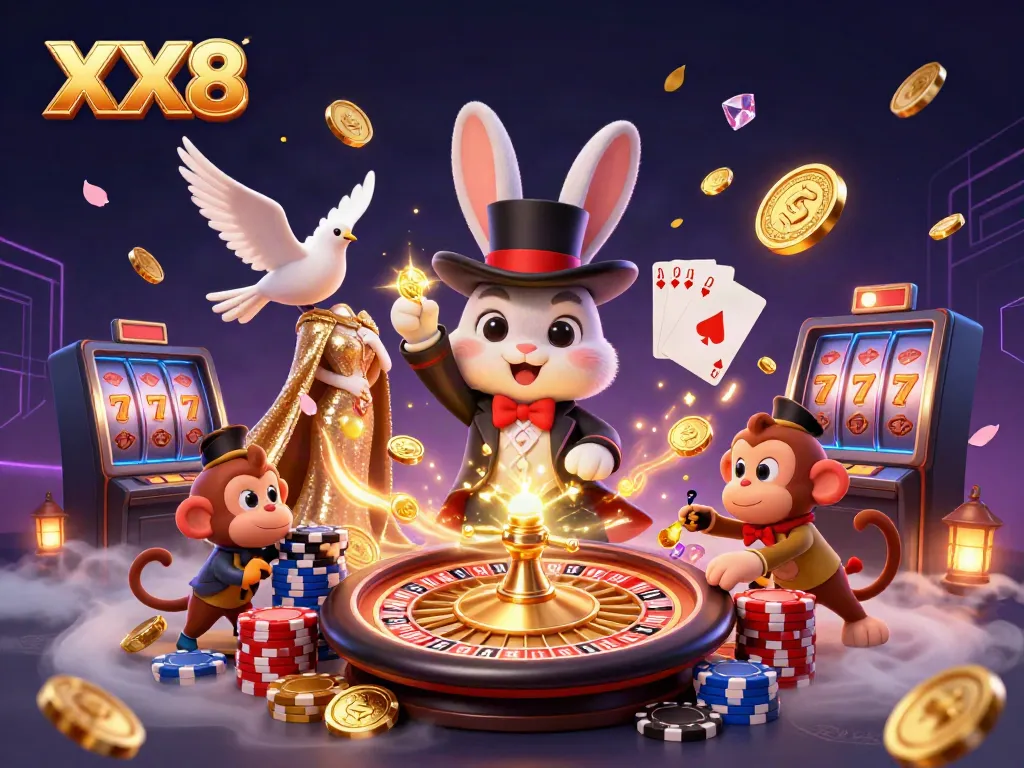 Experience thrilling casino action at XX8 with a magician rabbit, colorful poker chips, and sparkling gems