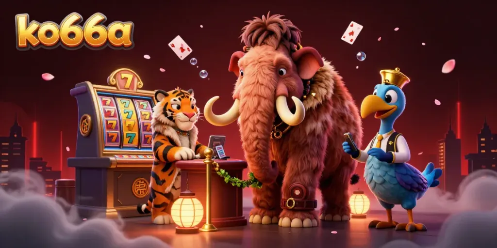 Experience the thrill of slots at ko66a with a cartoon mammoth bouncer, saber-tooth VIP, and a dodo doorman.