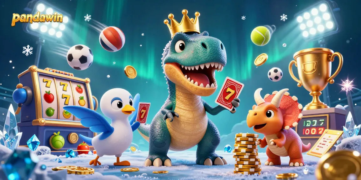 Pandawin showcases a friendly T-Rex and allies in a vibrant, casino-themed 3D scene featuring card games and jackpots.