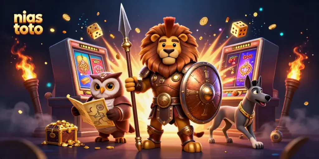 Ilustrasi 3D nias toto menampilkan singa Spartan dengan mesin slot bertaburan koin dan simbol buah.