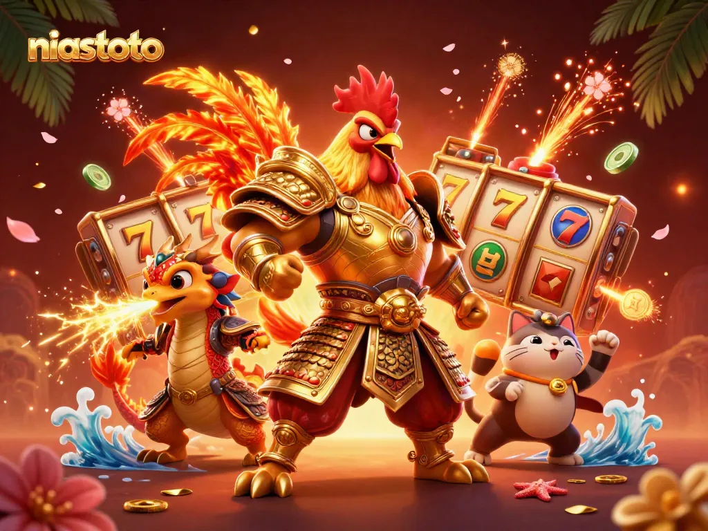 Menggambarkan niastoto dalam pertempuran epik dengan ayam petarung dan naga, dikelilingi slot dan koin keberuntungan.
