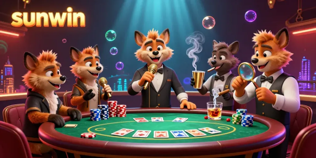 Experience the vibrant entertainment at sunwin casino with animated hyenas delivering comedy and mixing drinks.
