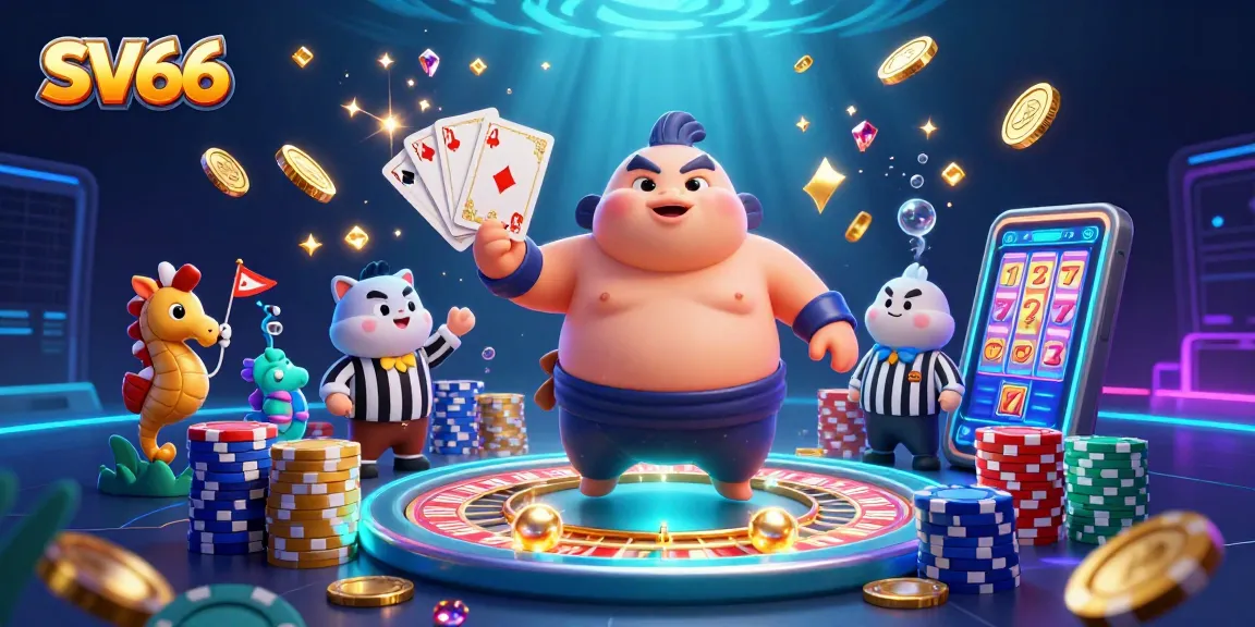Spin to win at SV66 with vibrant 3D characters, cascading coins, and exciting casino scenes.