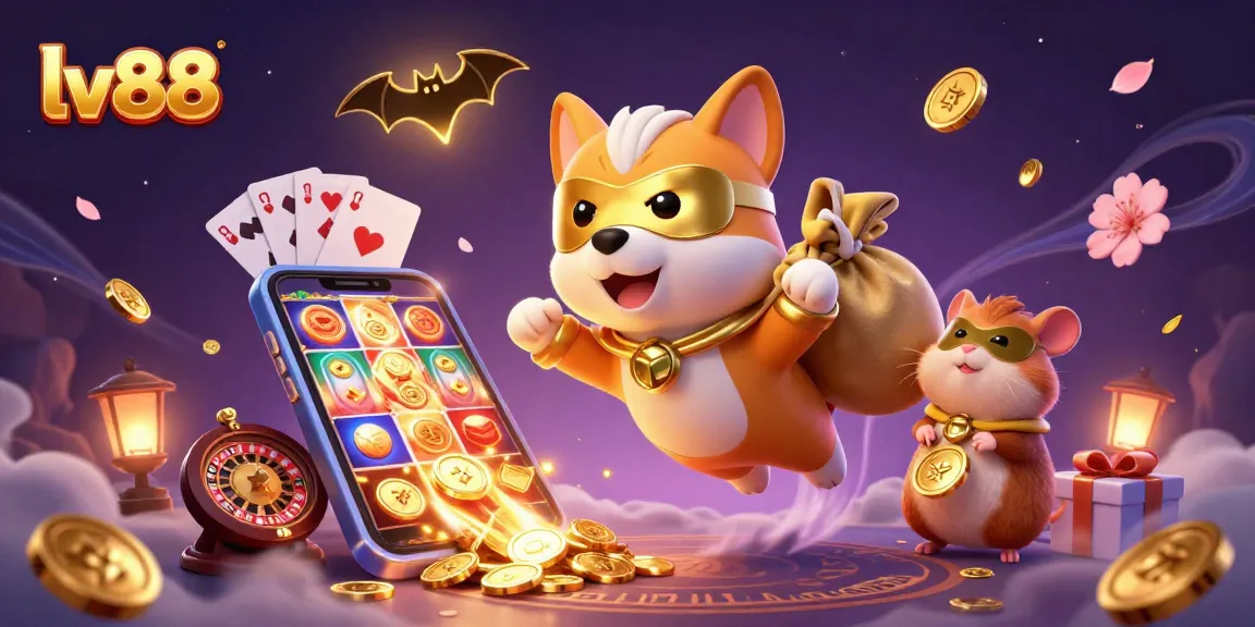 Engage in thrilling gameplay at lv88, showcasing a cartoon dog superhero amid vibrant casino elements.