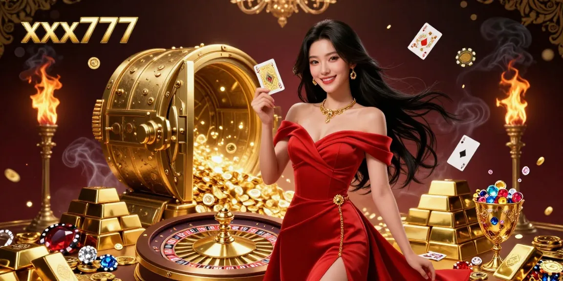 Experience the excitement of xxx777 with a stunning Asian casino beauty holding a golden card near a roulette wheel.