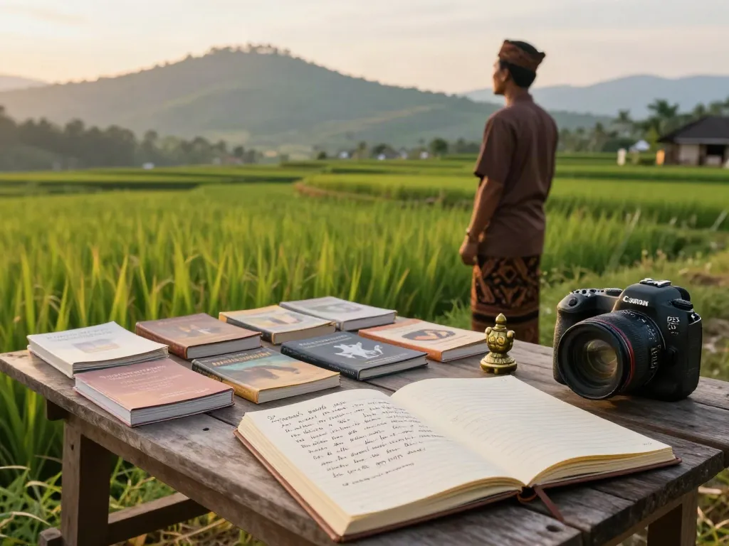 Pria Indonesia memperhatikan lanskap sambil membaca buku interpretasi mimpi, menggambarkan budaya lokal serta makna bukumimpi138.