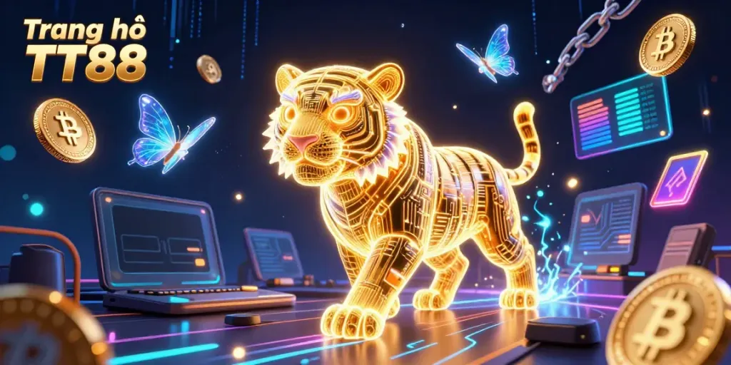 Experience the exciting and vibrant world of gambling with Trang chủ TT88, featuring a golden tiger and neon cryptocurrency elements.