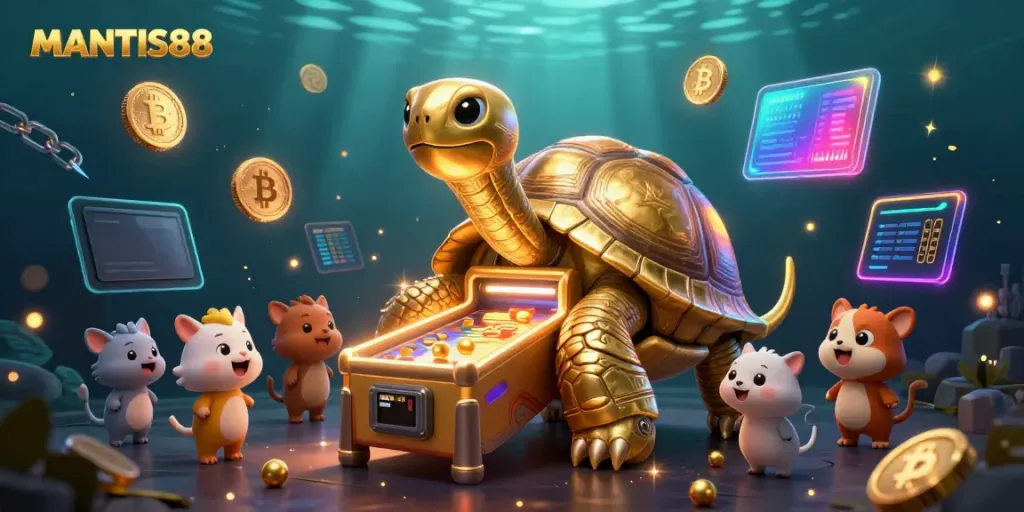 Experience thrilling gameplay on MANTIS88 with a vibrant casino scene featuring a golden tortoise pinball machine.