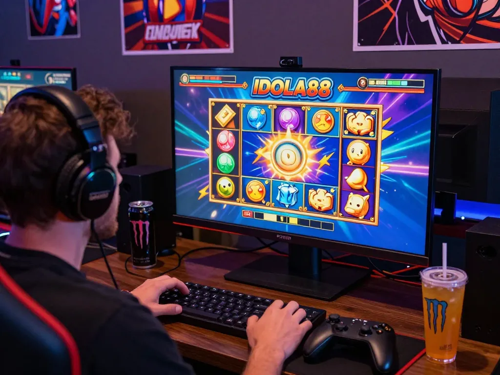 IDOLA88 online slot gaming experience with vibrant interface and accessories.