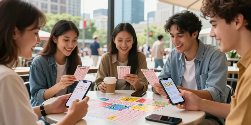Kumpulan teman merayakan kemenangan dewitogel dengan tiket di kafe.
