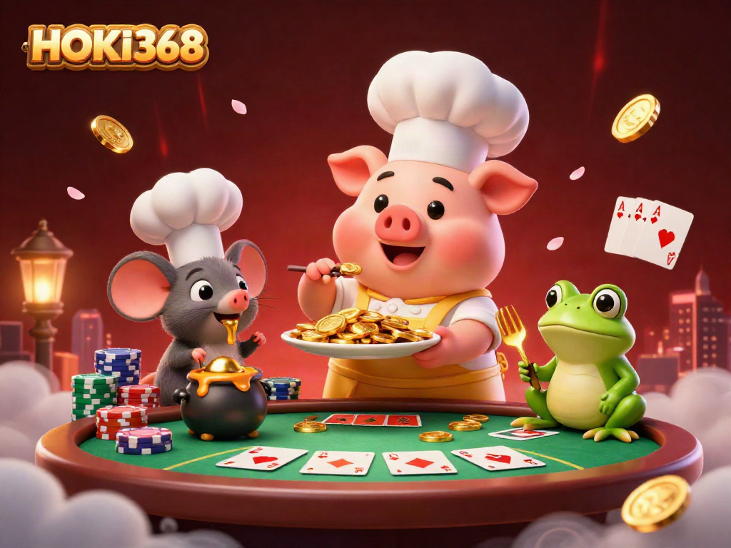 HOKI368 showcases an engaging 3D scene with a chef pig and gaming elements, representing online slot gaming.