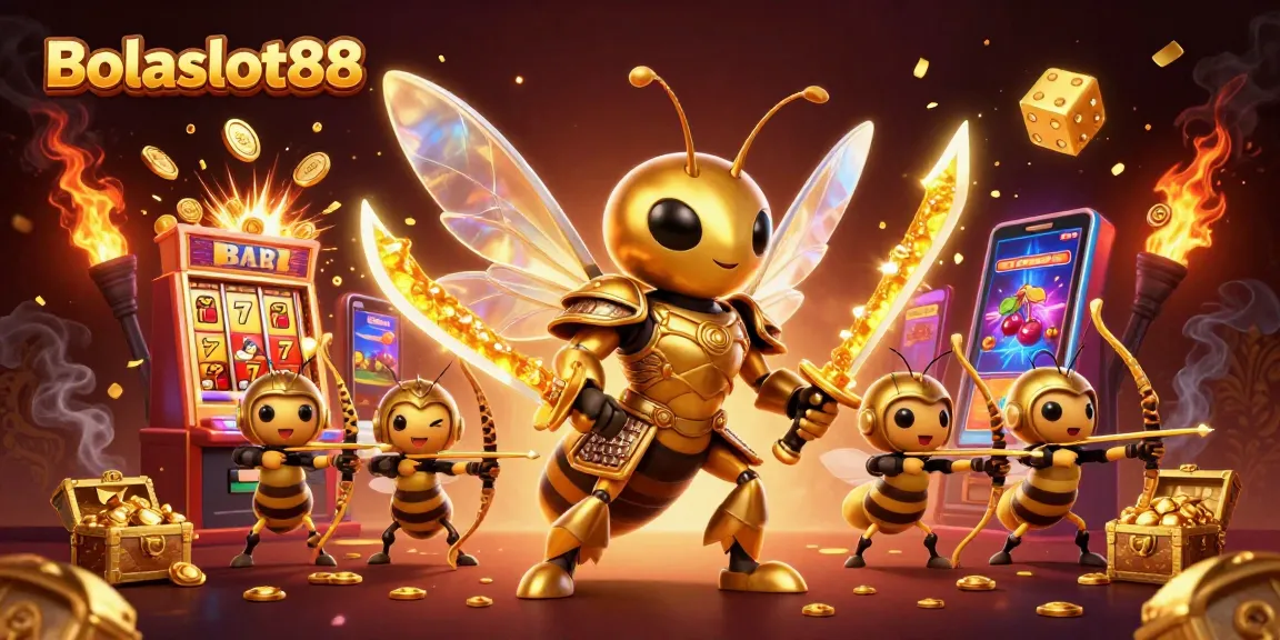 Bolaslot88 showcases an energetic 3D scene featuring a giant hornet warrior amidst slot machines and casino games, creating epic winning moments.