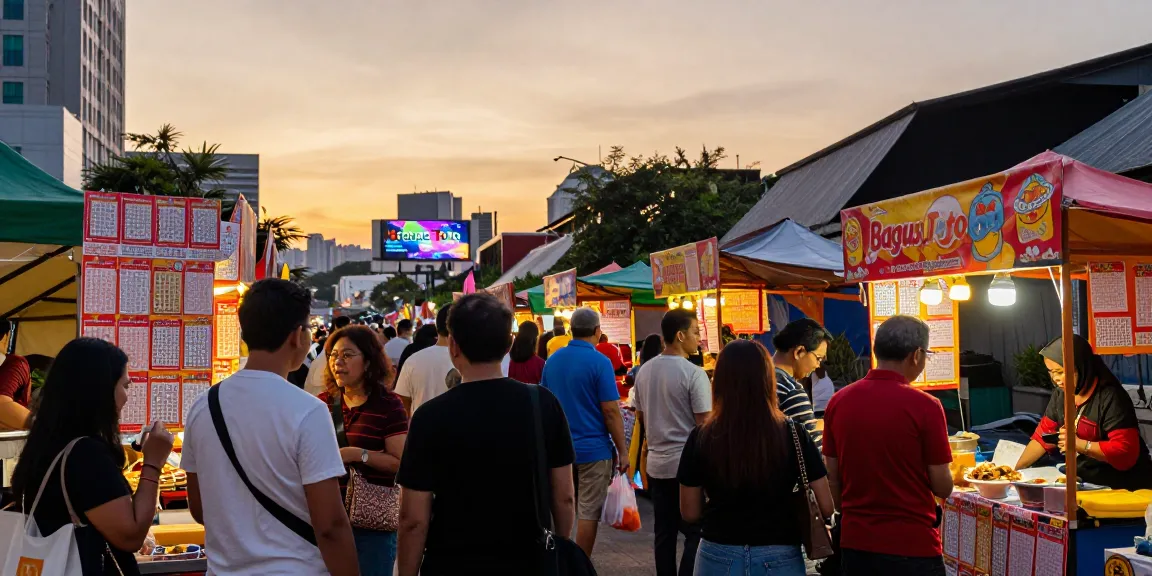Suasana pasar malam yang ramai saat sunset, menampilkan orang-orang membeli tiket lotere Bagus Toto dan berinteraksi dengan pedagang lokal.