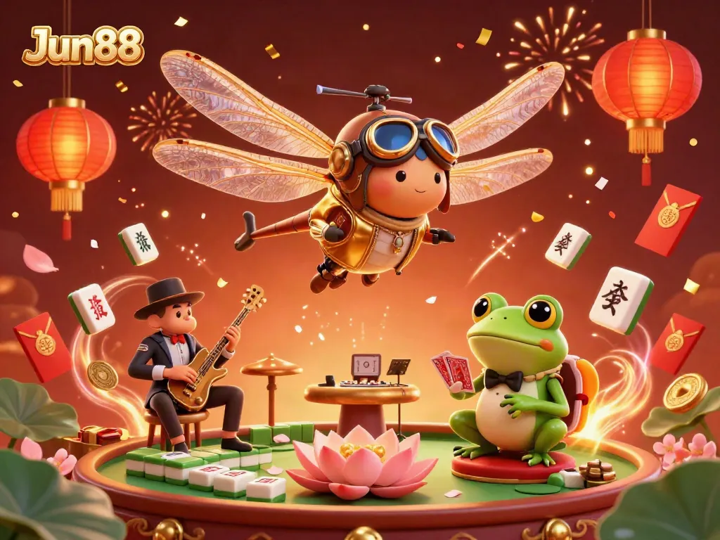 Experience exciting gaming at Jun88 with vibrant characters and festive casino elements.