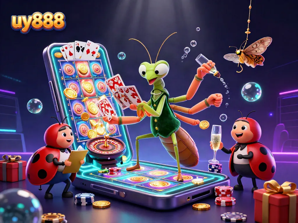 Play casino games with uy888 featuring a giant praying mantis dealer and vibrant game elements.