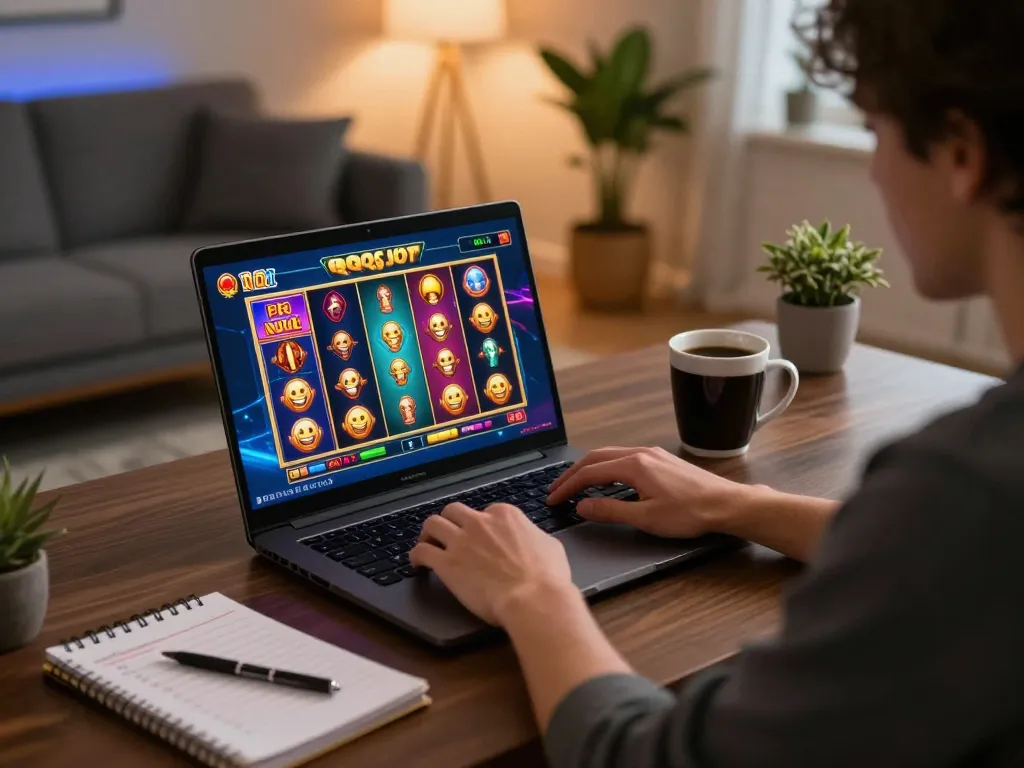 Engaging online gambling experience with QQ SLOT game interface on a laptop in a cozy home setting.