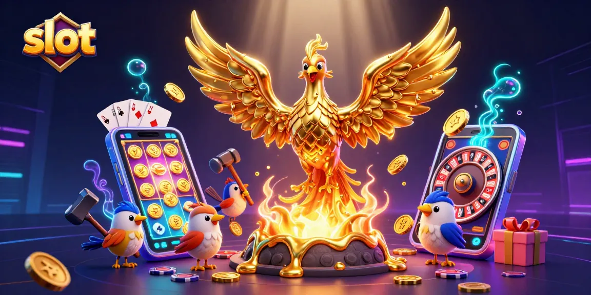 Putaran slot menguntungkan dengan phoonix emas dan elemen permainan kasino yang dinamis.
