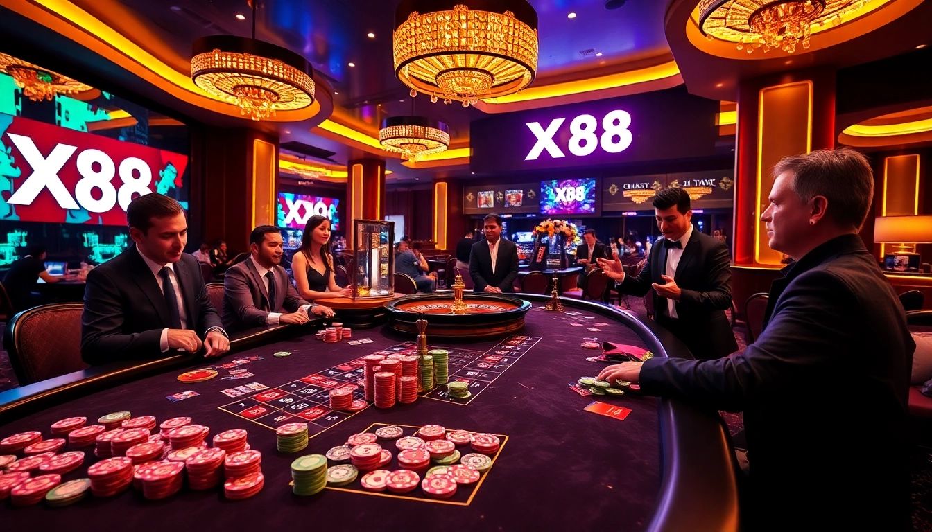 Players engage in high-stakes gambling at XX88's upscale casino table amidst vibrant lights.