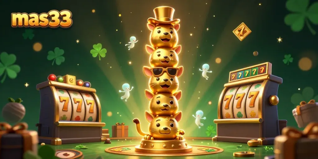 Gambarlah mas233 yang menampilkan totem emas kartu dengan elemen slot yang berkilau dan atmosfer ceria.