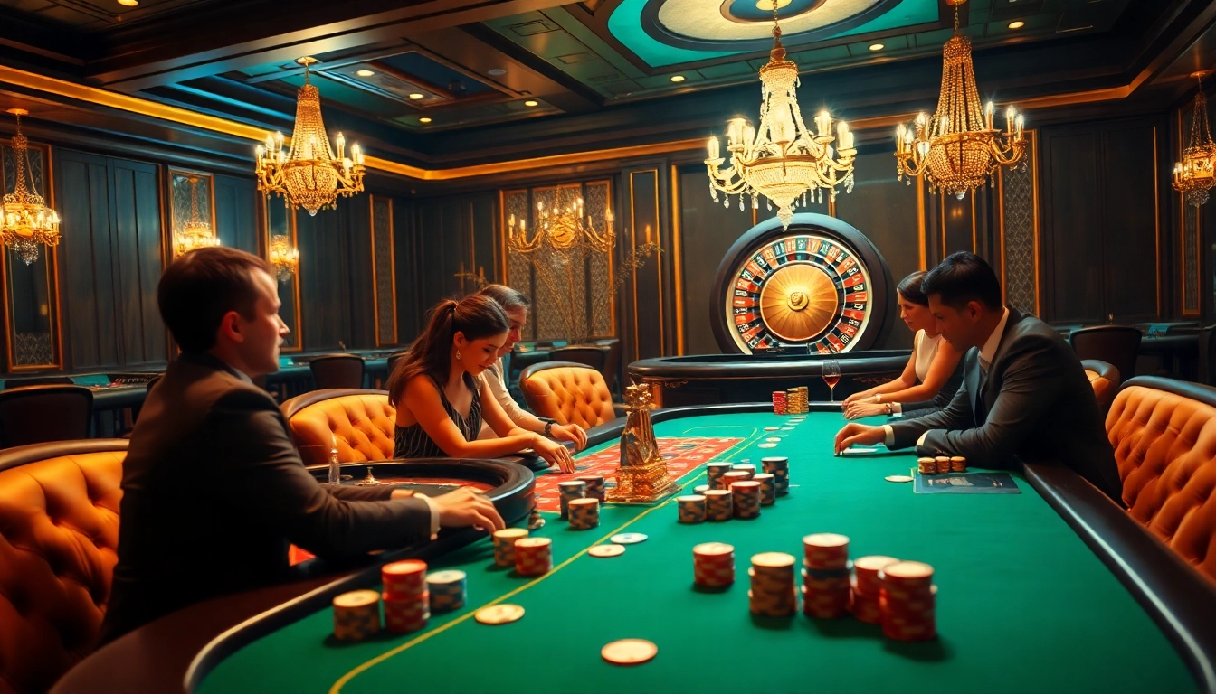 Players engage in an exciting daftar poker game at a luxurious casino table with chips and cards.