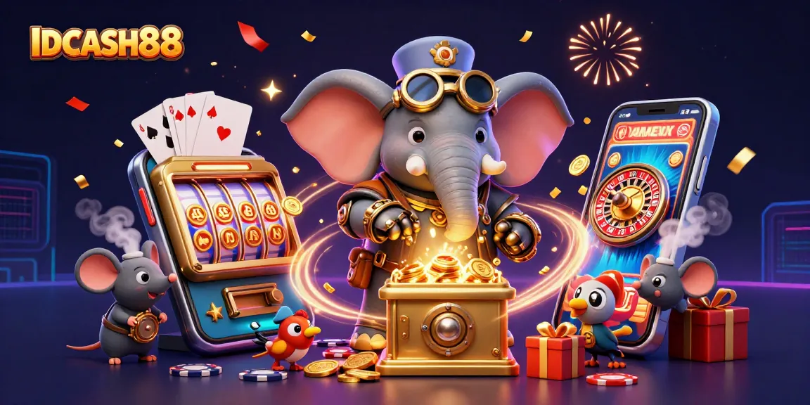 Experience exhilarating gameplay with IDCASH88, featuring a steampunk elephant engineer, gaming contraptions, and festive elements.