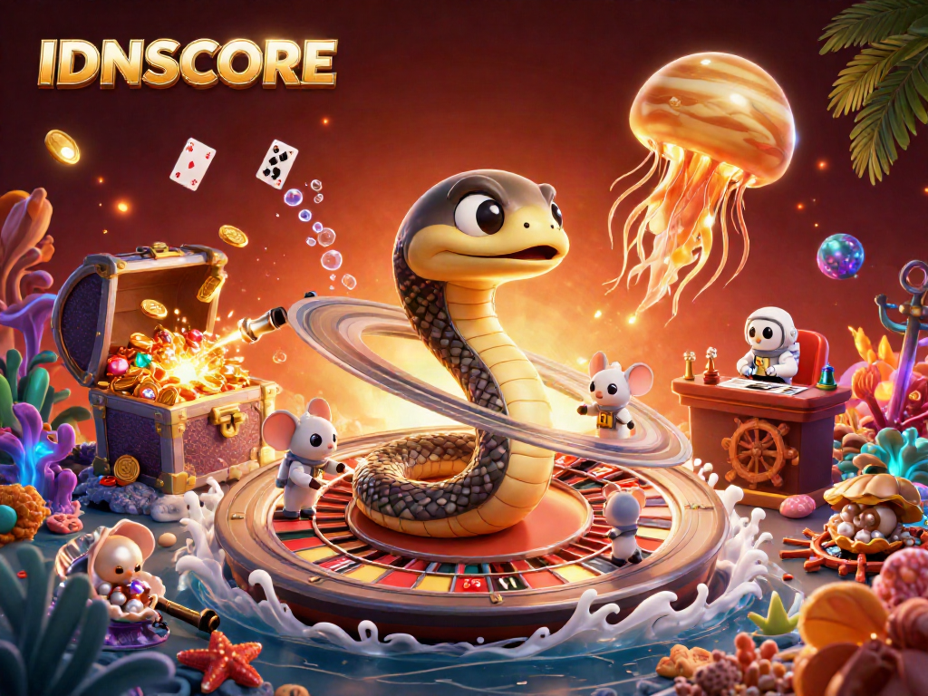 Experience the excitement of IDNSCORE with cosmic betting action in a vibrant 3D illustration.