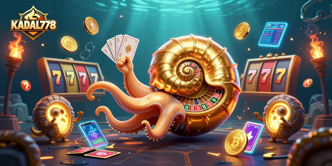 Experience thrilling wins at KADAL778 with a vibrant casino scene featuring a golden nautilus roulette wheel.